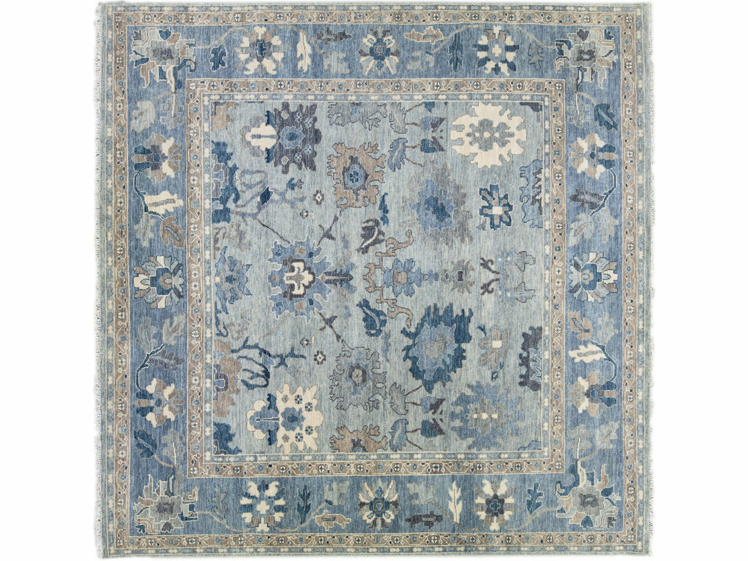 Modern Silver And Blue Oushak style Handmade Floral Motif Square Wool Rug