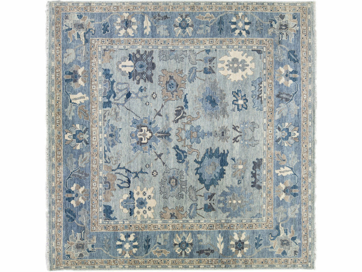 Modern Silver And Blue Oushak style Handmade Floral Motif Square Wool Rug