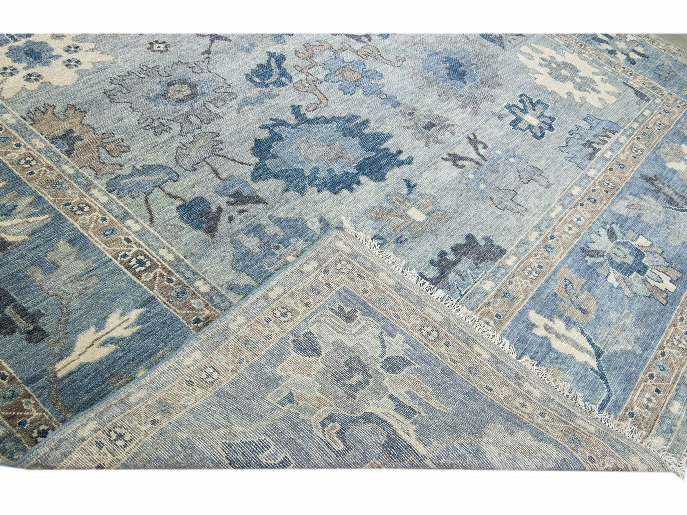 Modern Silver And Blue Oushak style Handmade Floral Motif Square Wool Rug