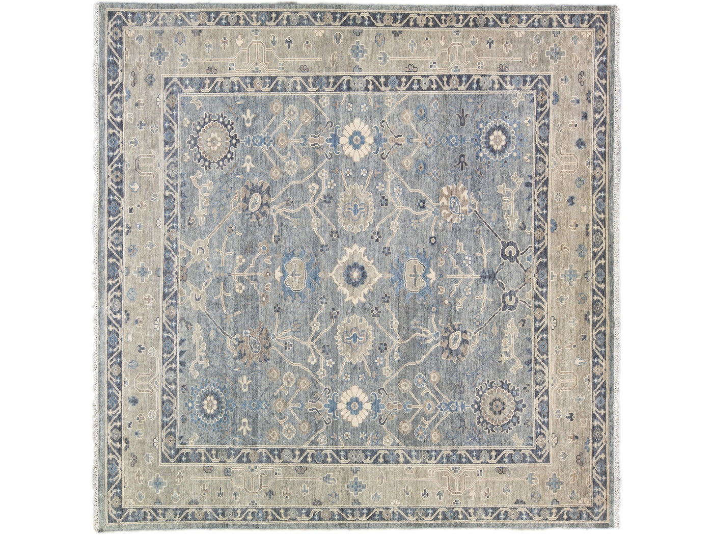 Modern Gray and Tan Oushak Style Handmade Floral Motif Square Wool Rug