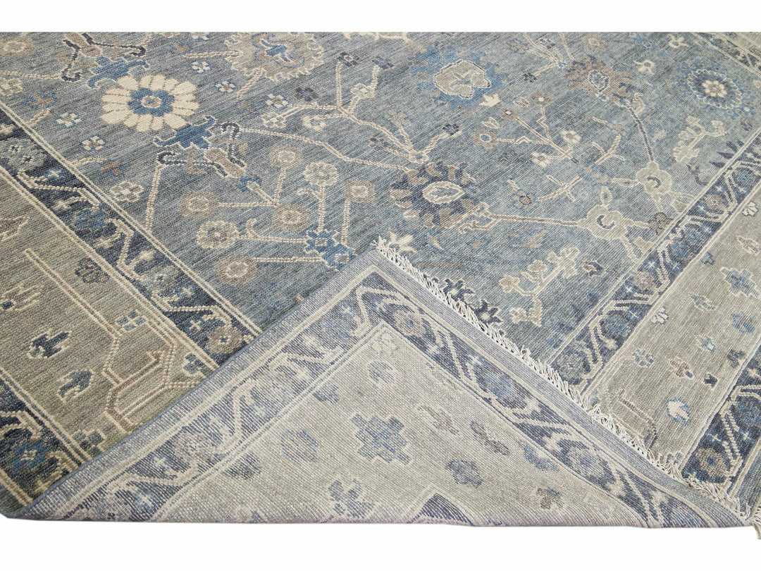 Modern Gray and Tan Oushak Style Handmade Floral Motif Square Wool Rug