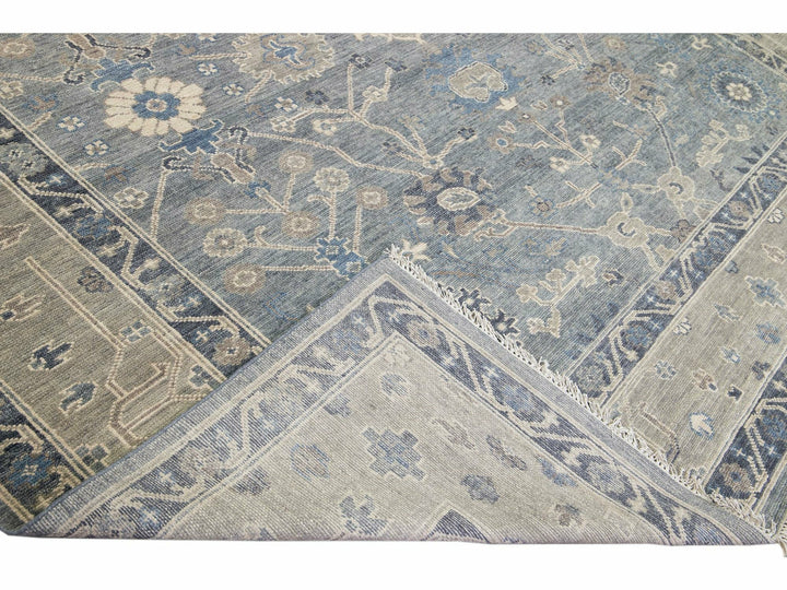 Modern Gray and Tan Oushak Style Handmade Floral Motif Square Wool Rug
