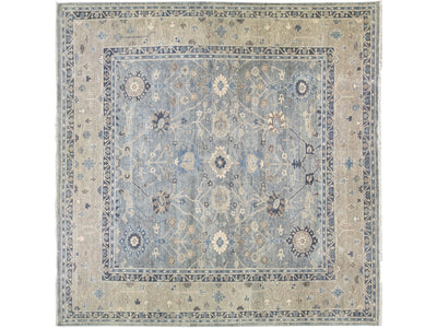 Modern Oushak style Handmade Floral Motif Gray And Beige Square Wool Rug