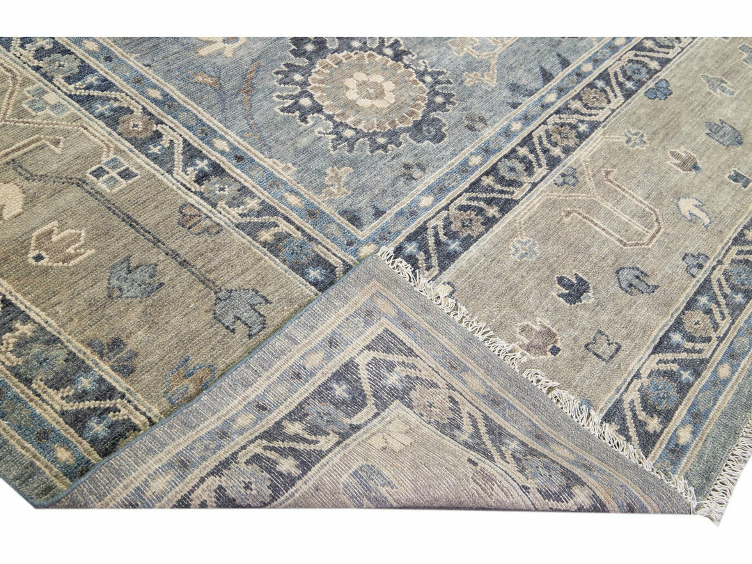Modern Oushak Style Handmade Floral Motif Gray and Beige Square Wool Rug