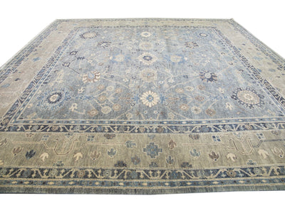 Modern Oushak Style Handmade Floral Motif Gray and Beige Square Wool Rug