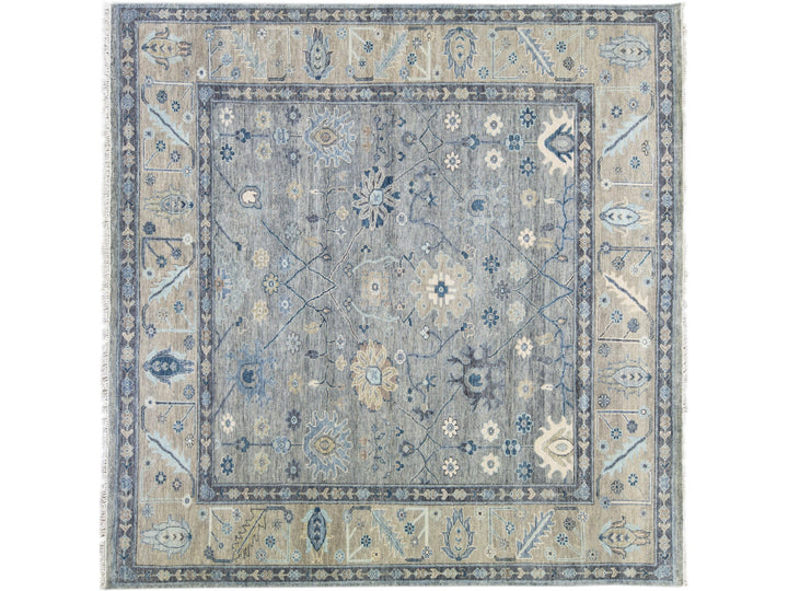 Modern Gray Oushak style Handmade Floral Motif Square Wool Rug