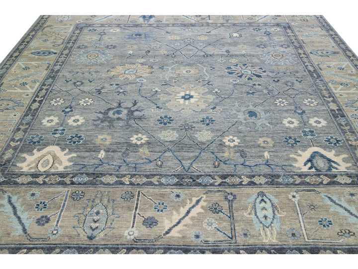 Modern Gray Oushak style Handmade Floral Motif Square Wool Rug