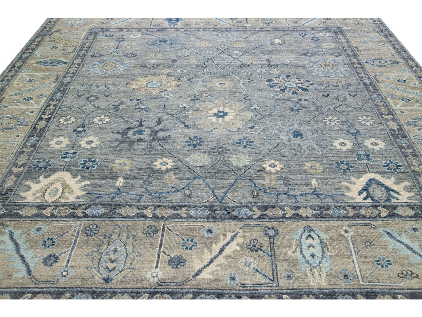 Modern Gray Oushak style Handmade Floral Motif Square Wool Rug