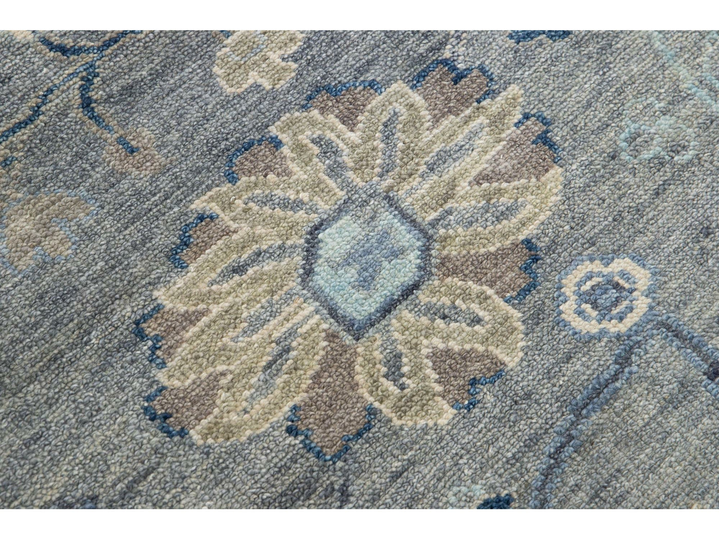 Modern Gray Oushak style Handmade Floral Motif Square Wool Rug