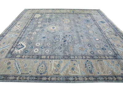 Modern Gray Oushak style Handmade Floral Motif Square Wool Rug