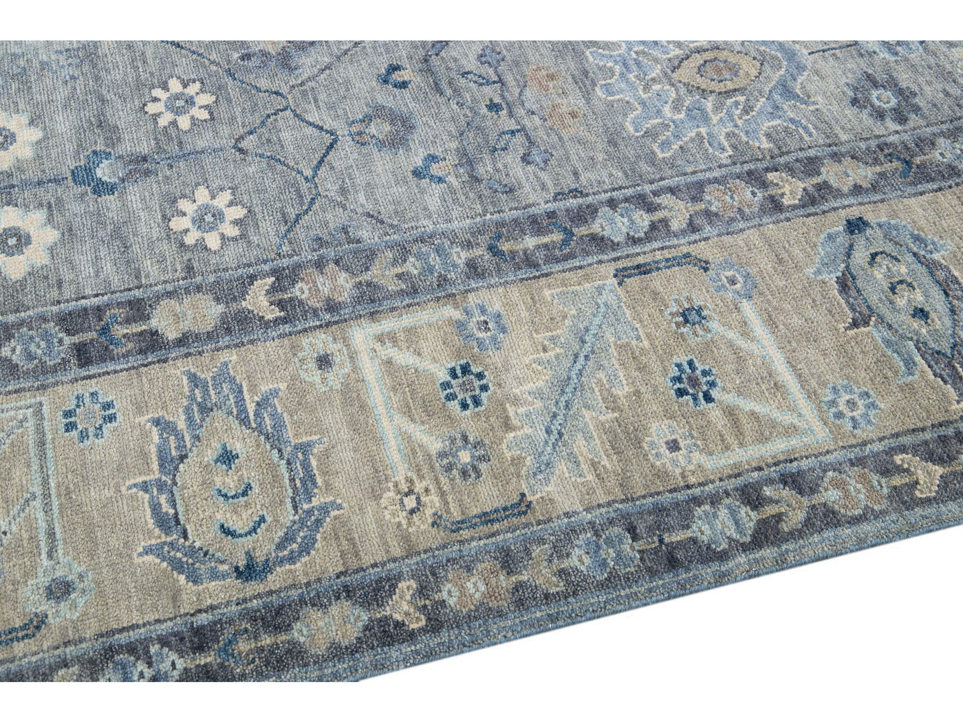 Modern Gray Oushak style Handmade Floral Motif Square Wool Rug