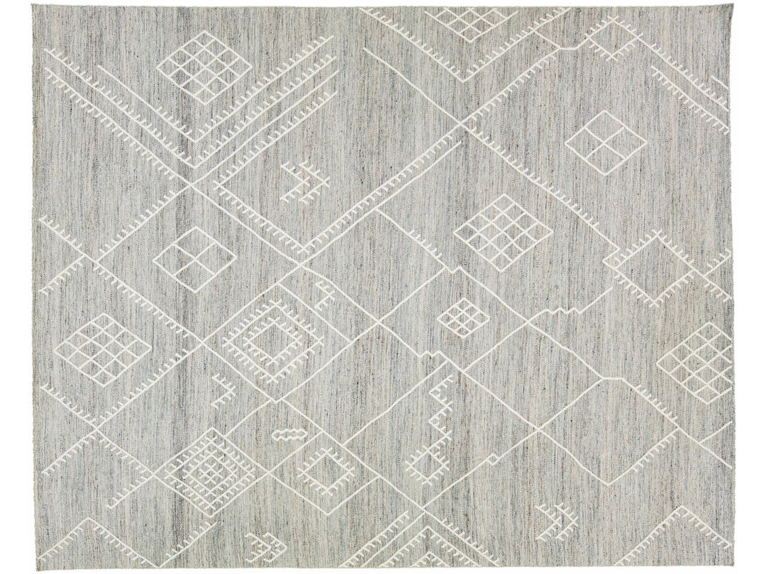 Apadana's Nantucket Collection Flatweave Kilim Coastal Designed Grey Wool Rug