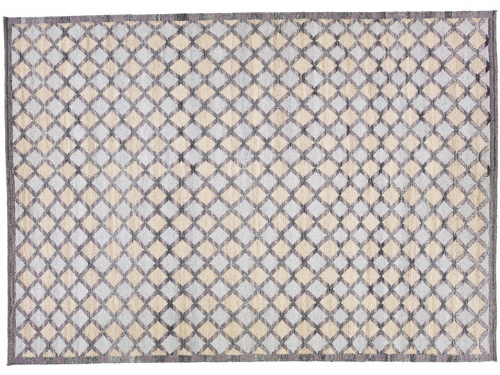Modern Swedish Style Gray and Beige Handmade Geometric Wool Rug