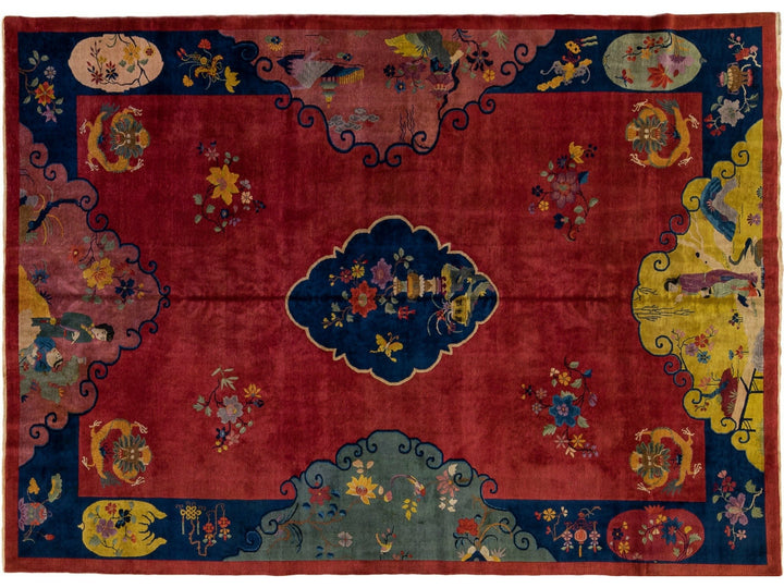 Antique Art Deco Handmade Multicolor Chinese Culture Designed Red Wool Rug