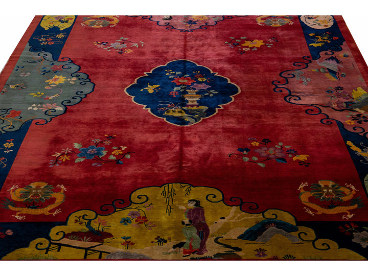 Antique Art Deco Handmade Multicolor Chinese Culture Designed Red Wool Rug