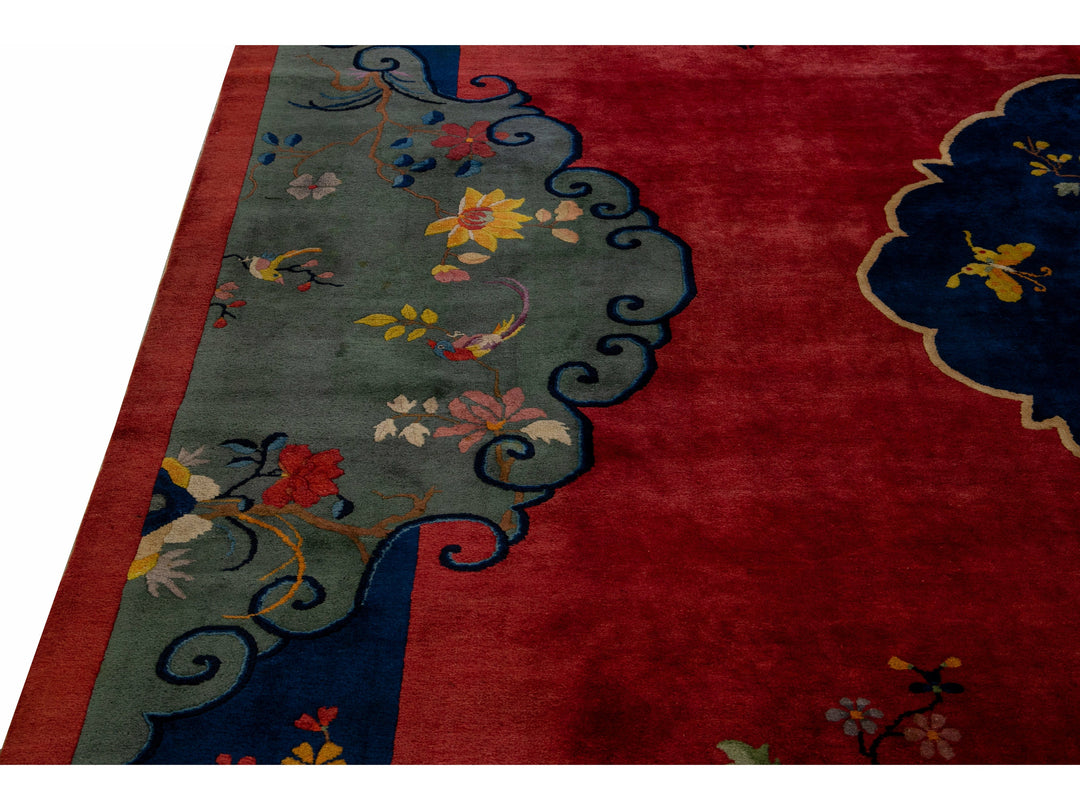 Antique Art Deco Handmade Multicolor Chinese Culture Designed Red Wool Rug