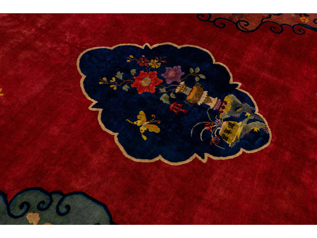 Antique Art Deco Handmade Multicolor Chinese Culture Designed Red Wool Rug