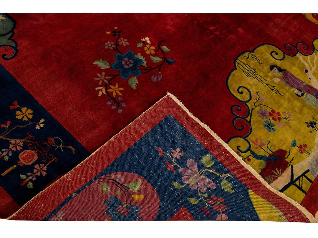 Antique Art Deco Handmade Multicolor Chinese Culture Designed Red Wool Rug