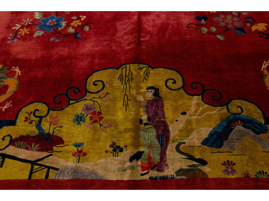 Antique Art Deco Handmade Multicolor Chinese Culture Designed Red Wool Rug