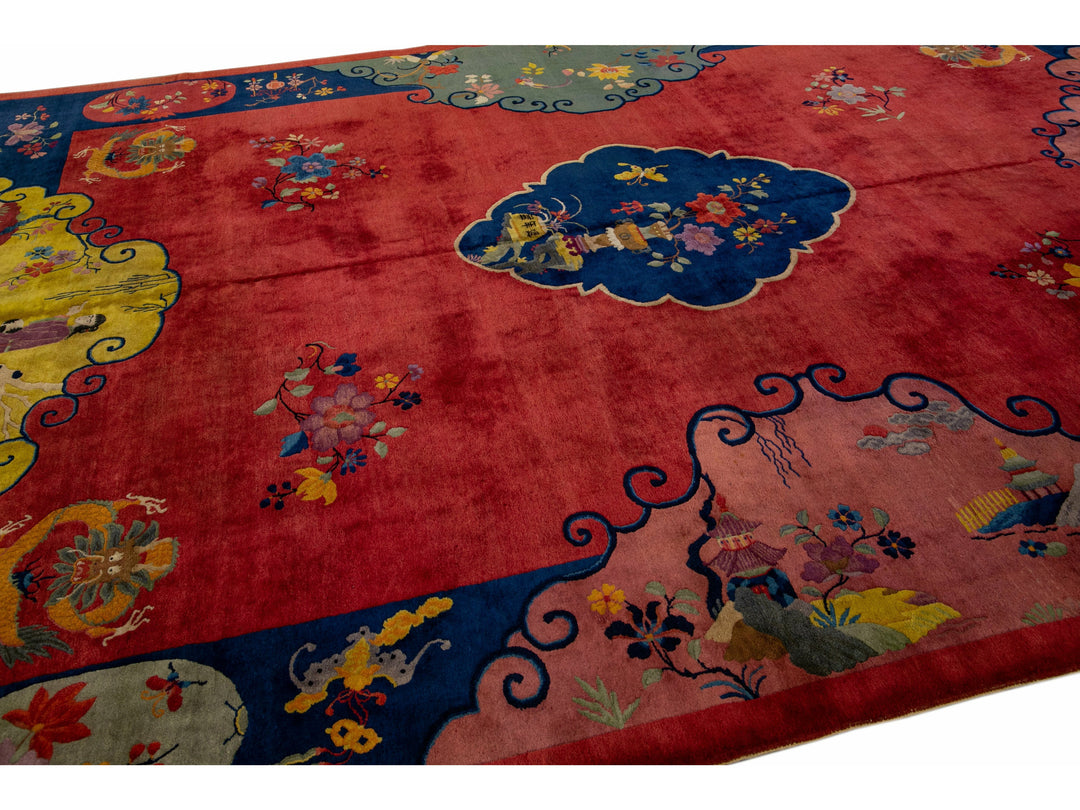 Antique Art Deco Handmade Multicolor Chinese Culture Designed Red Wool Rug