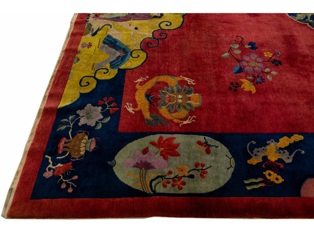 Antique Art Deco Handmade Multicolor Chinese Culture Designed Red Wool Rug