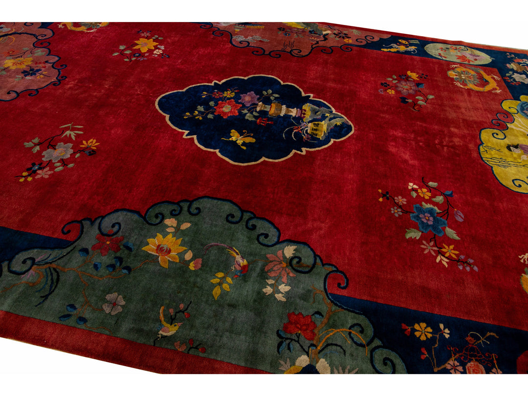 Antique Art Deco Handmade Multicolor Chinese Culture Designed Red Wool Rug