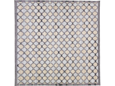 Modern Swedish Style Gray Handmade Geometric Designed Square Wool Rug