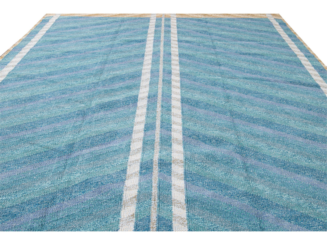 Modern Swedish Style Blue Handmade Geometric Wool Rug