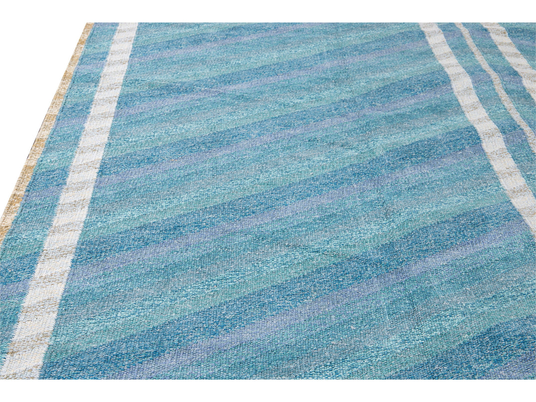 Modern Swedish Style Blue Handmade Geometric Wool Rug
