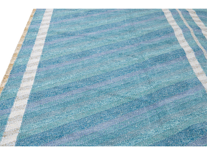 Modern Swedish Style Blue Handmade Geometric Wool Rug