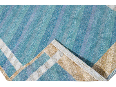 Modern Swedish Style Blue Handmade Geometric Wool Rug