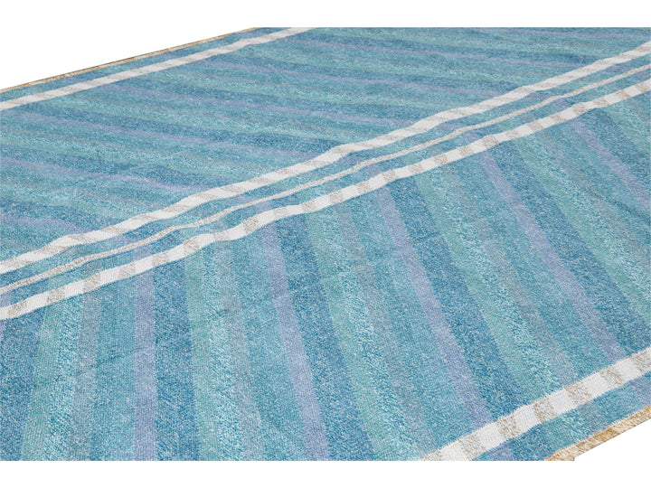 Modern Swedish Style Blue Handmade Geometric Wool Rug