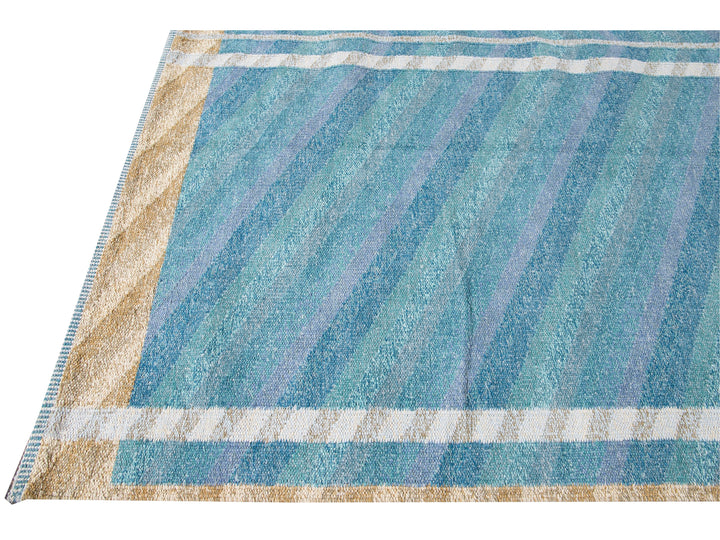 Modern Swedish Style Blue Handmade Geometric Wool Rug