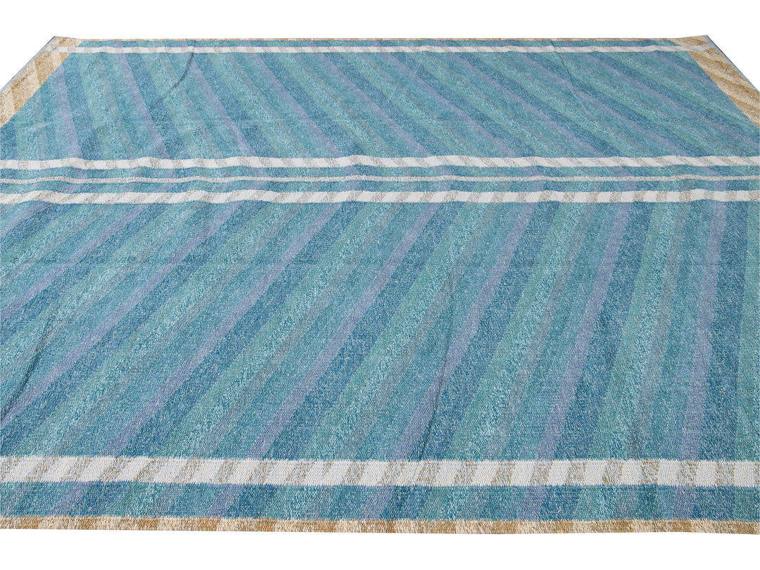 Modern Swedish Style Blue Handmade Geometric Wool Rug