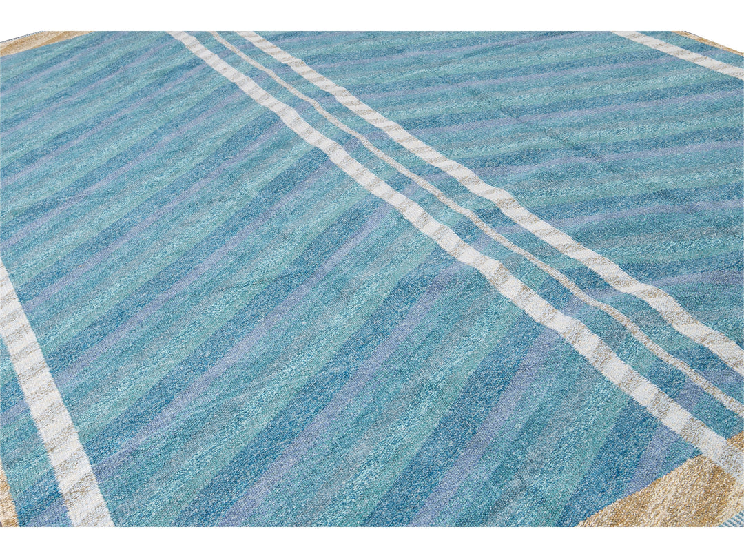 Modern Swedish Style Blue Handmade Geometric Wool Rug