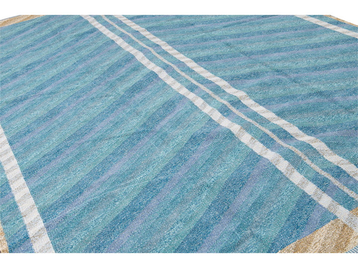 Modern Swedish Style Blue Handmade Geometric Wool Rug