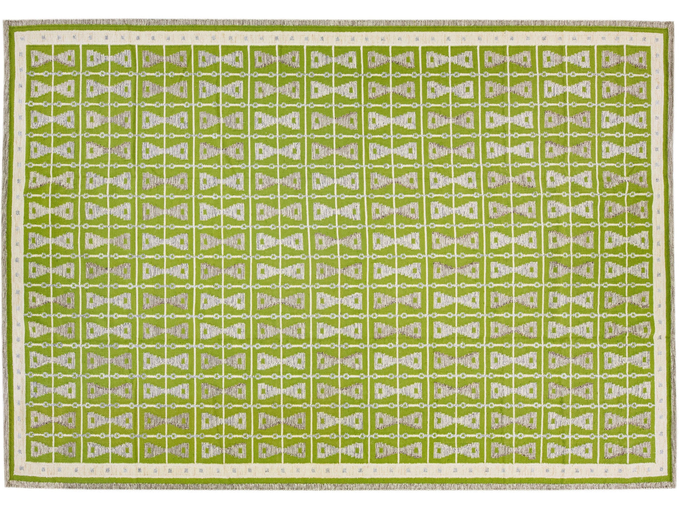 Green Modern Swedish Style Handmade Oversize Wool Rug With Geometric Design