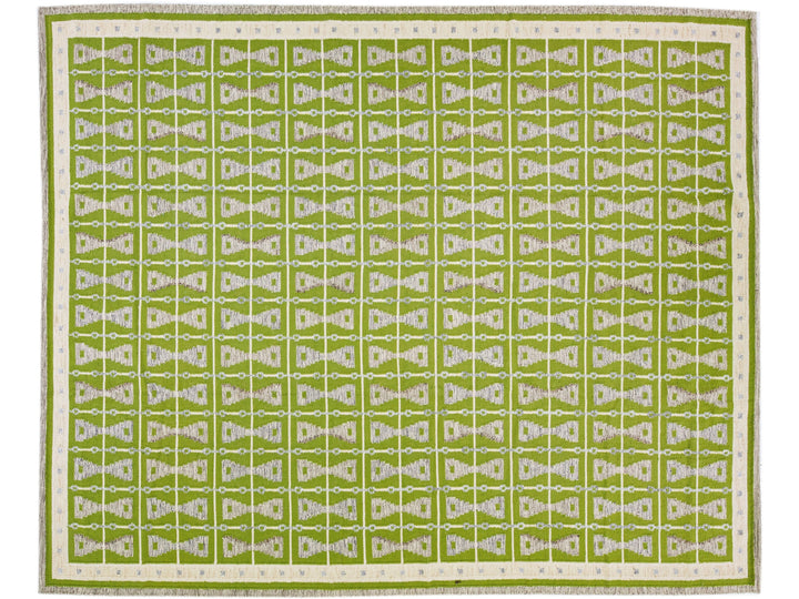 Modern Swedish Style Green Handmade Oversize Wool Rug with Geometric Pattern