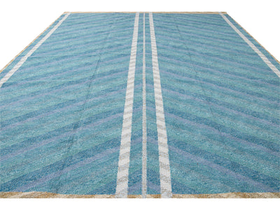 Modern Swedish Style Handmade Geometric Oversize Blue Wool Rug