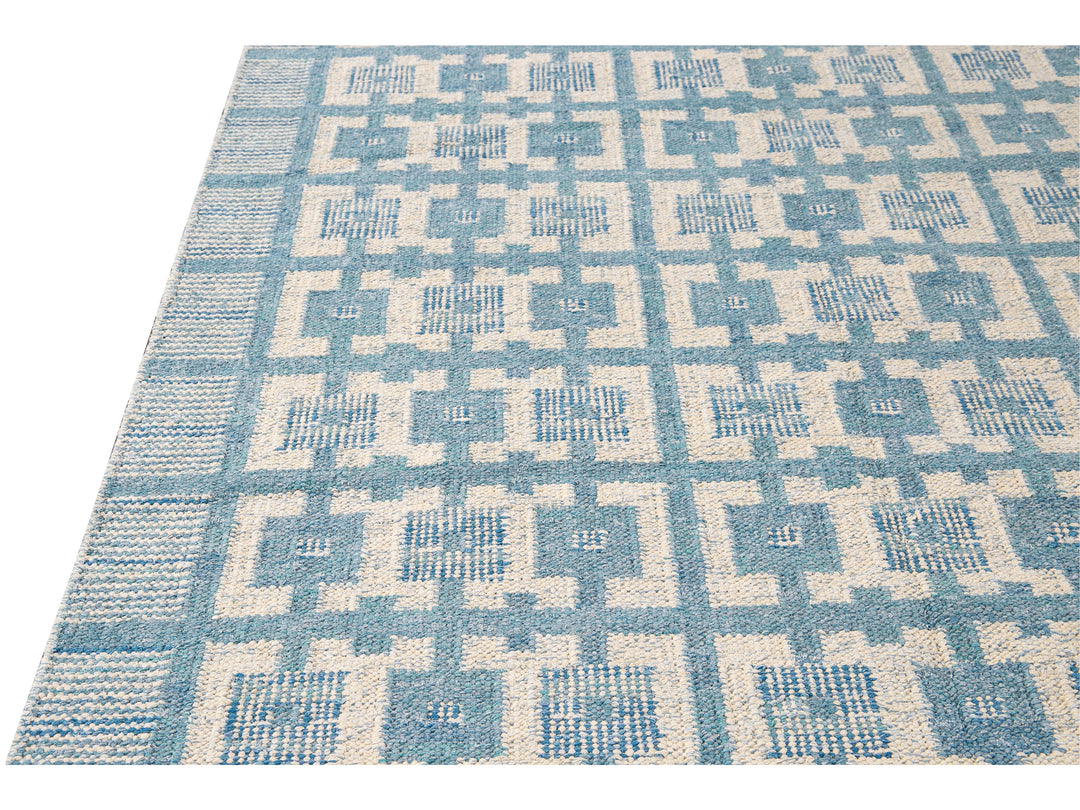 Modern Swedish Style Handmade Geometric Pattern Blue and Ivory Wool Rug