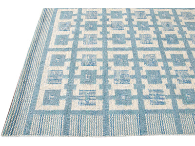 Modern Swedish Style Handmade Geometric Pattern Blue and Ivory Wool Rug