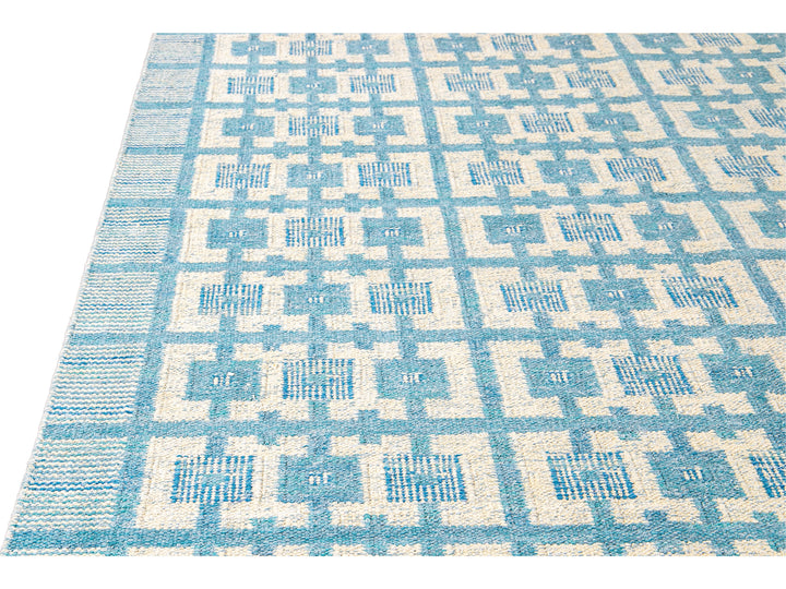 Modern Swedish Style Handmade Geometric Pattern Oversize Blue and Ivory Wool Rug