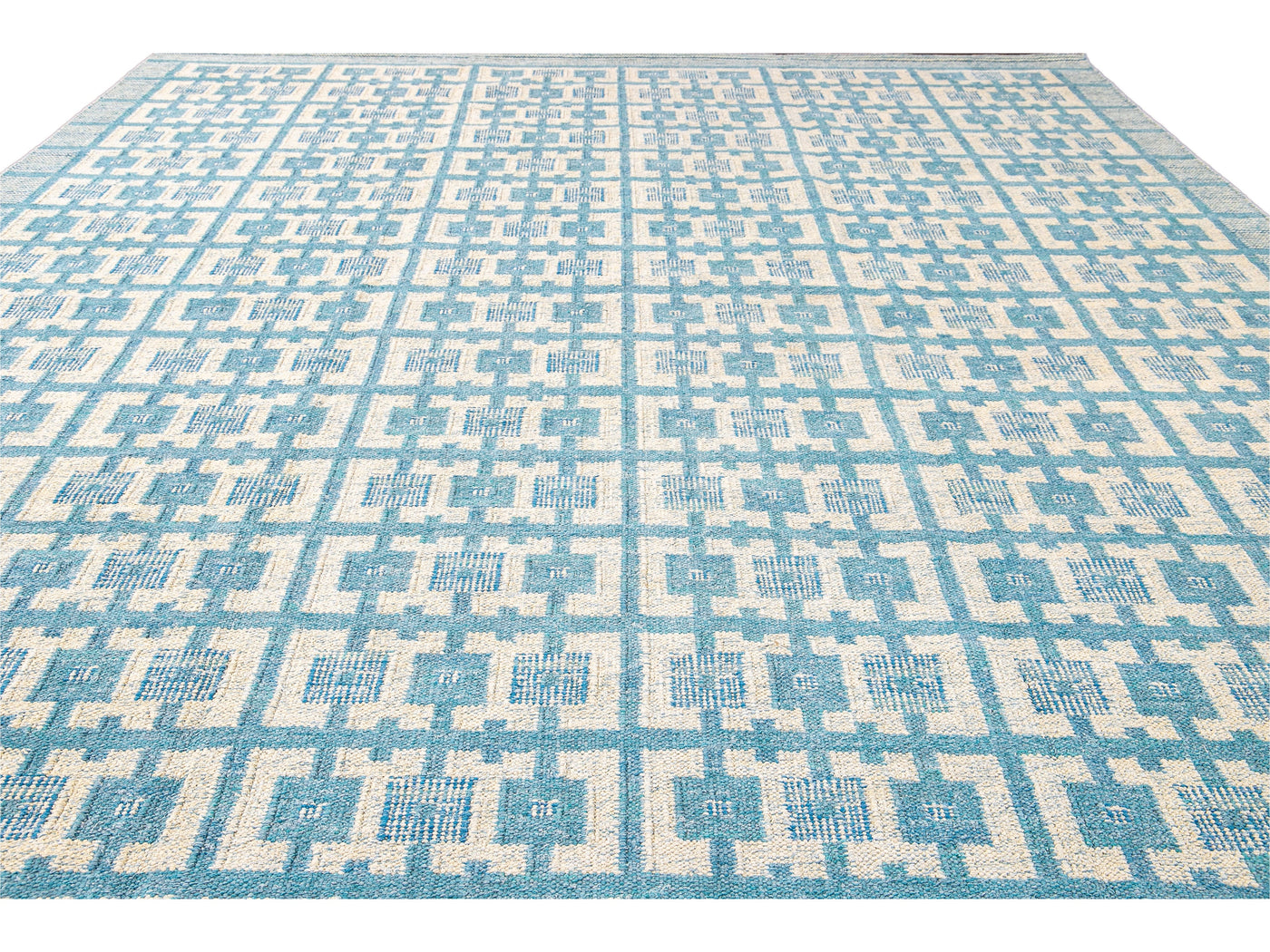 Modern Swedish Style Handmade Geometric Pattern Oversize Blue and Ivory Wool Rug