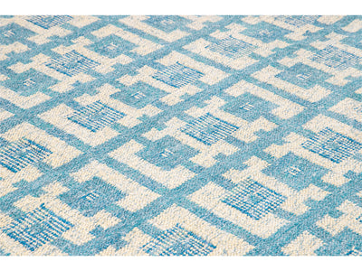 Modern Swedish Style Handmade Geometric Pattern Oversize Blue and Ivory Wool Rug