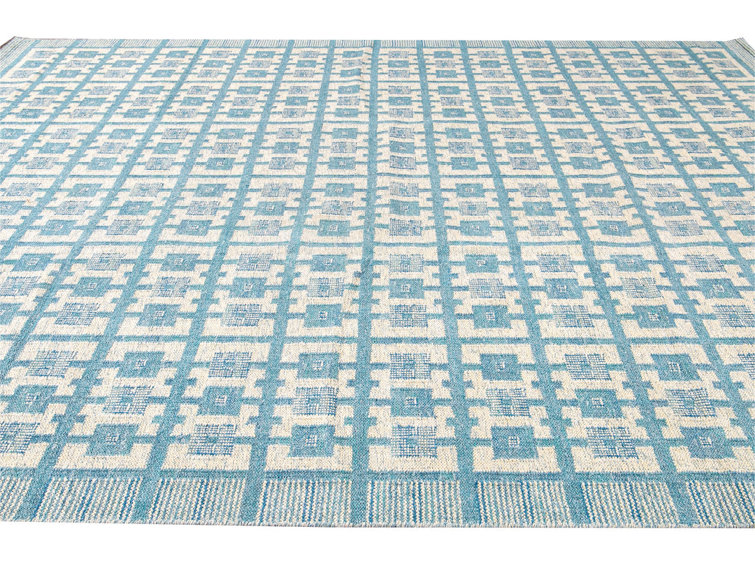 Modern Swedish Style Handmade Geometric Pattern Oversize Blue and Ivory Wool Rug