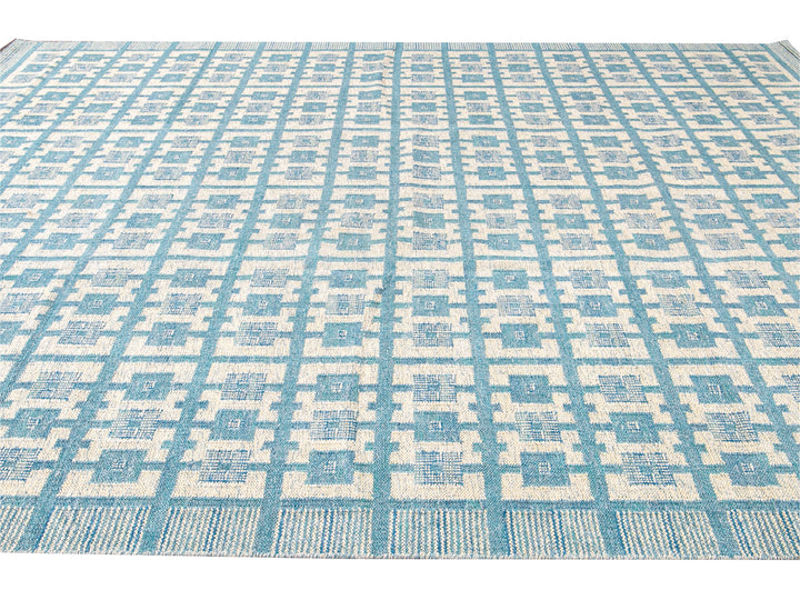 Modern Swedish Style Handmade Geometric Pattern Oversize Blue and Ivory Wool Rug