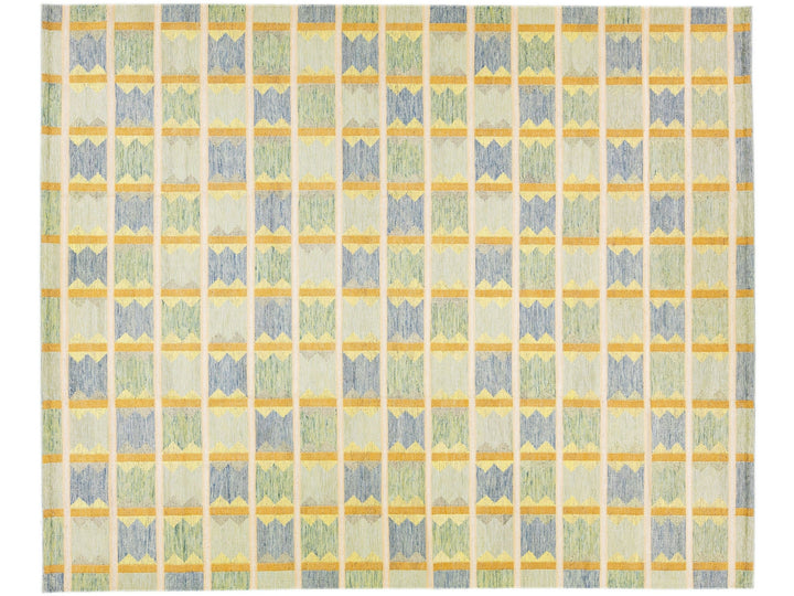 Modern Scandinavian Green Handmade Oversize Wool Rug with Geometric Pattern