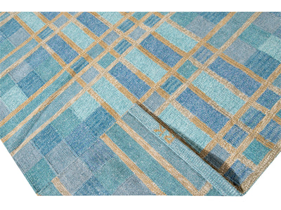 Modern Swedish Style Handmade Geometric Pattern Blue and Yellow Wool Rug