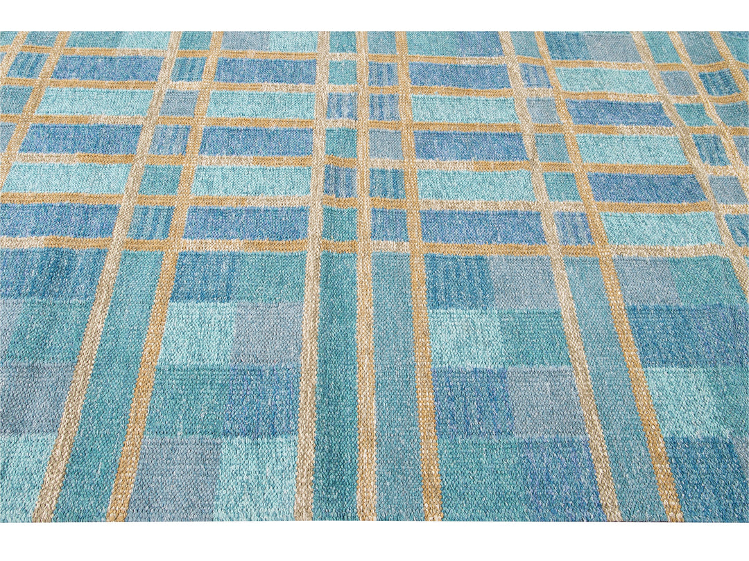 Modern Swedish Style Handmade Geometric Pattern Blue and Yellow Wool Rug