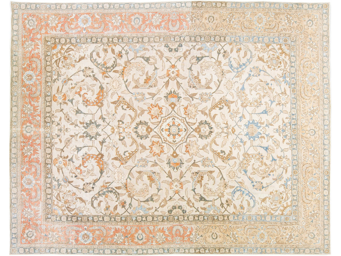 Beige Antique Persian Tabriz Handmade Medallion Floral Motif Wool Rug